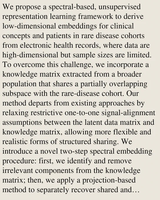 We propose a spectral-based, unsupervised representation learning framework to derive low-dimensional embeddings for clinical concepts and patients in rare disease cohorts from electronic health records, where data are high-dimensional but sample sizes are limited. To overcome this challenge, we incorporate a knowledge matrix extracted from a broader population that shares a partially overlapping subspace with the rare-disease cohort. Our method departs from existing approaches by relaxing restrictive one-to-one signal-alignment assumptions between the latent data matrix and knowledge matrix, allowing more flexible and realistic forms of structured sharing. We introduce a novel two-step spectral embedding procedure: first, we identify and remove irrelevant components from the knowledge matrix; then, we apply a projection-based method to separately recover shared and heterogeneous components. Simulations and an analysis of a real-world multiple sclerosis cohort show that the proposed me