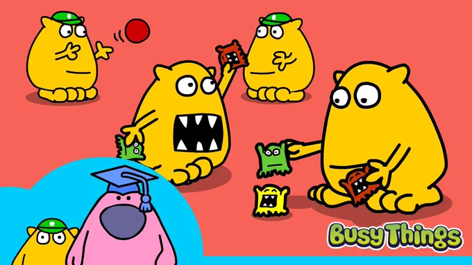 Busy Things' yellow monsters playing on International Day of Play