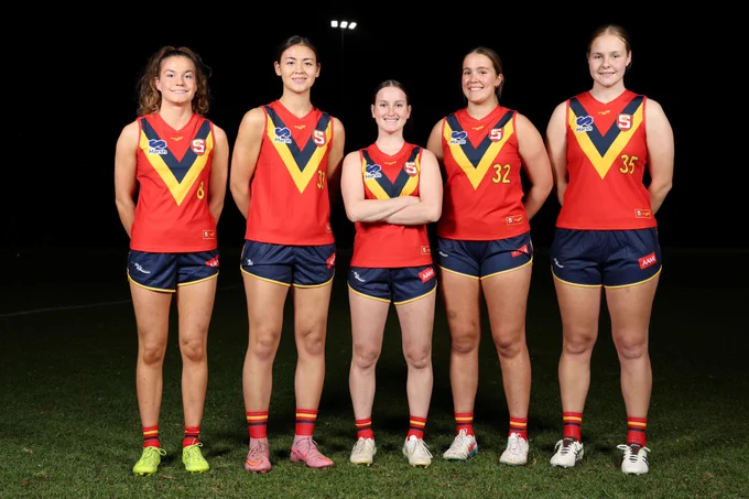 The 2026 AAMI SA U18 Girls leadership group. From left: Emily Mableson (West), vice-captain Miyu Endersby (Central), captain Emma Charlton (South), Polly Turner (North), and Taya Maxwell (South). 