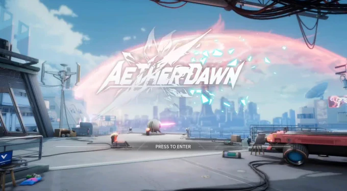 The title screen of the video game Aether Dawn, set on a futuristic rooftop with a cityscape in the background.