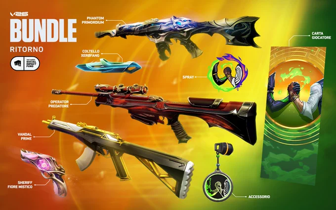 Grafica promozionale per il Bundle Ritorno di VALORANT su uno sfondo brillante di color arancione, giallo e verde. L'immagine mostra una selezione dei modelli più amati: Phantom Primordium, Operator Predatore, Vandal Prime, Sheriff Fiore mistico e il Coltello Xerøfang. ASi vedono anche uno spray esclusivo del bundle, un accessorio arma e una carta giocatore con una stretta di mano tra Chamber e Viper.