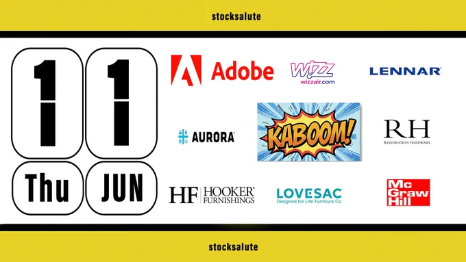 Stock Earnings Calendar for 11 June 2026. The design features a yellow top and bottom banner. The middle section has a "Kaboom!"-style funny cartoon design to emphasize epicness. The following company logos are visible: Adobe, Wizz Air, Lennar, RH, McGraw Hill, Love's, Hooker Furnishings, Aurora.