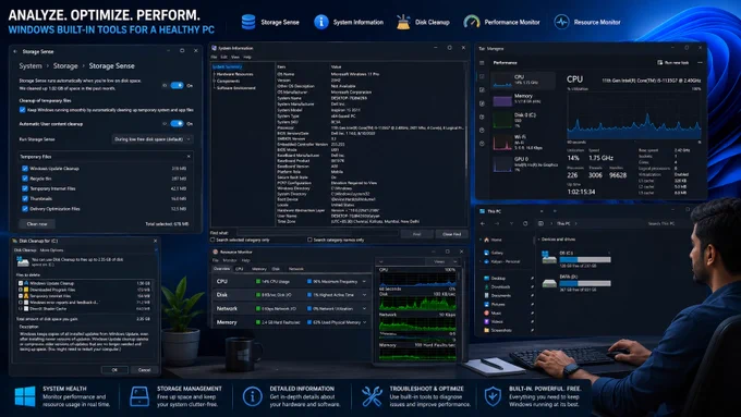 Windows 11 maintenance infographic: Analyze. Optimize. Perform. Built-in tools, system stats, and a man monitoring his PC.