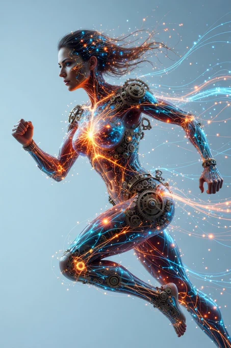 A dynamic steampunk woman in mid-run, depicted as a complex plexus network of bioluminescent particles and glowing data streams. Anatomical musculature visualized in vibrant hues—fiery oranges and reds for core power, cool blues for extremities. Intricate lines and nodes connect and radiate, suggesting advanced biomechanical analysis or energy flow. Futuristic, sci-fi aesthetic, set against a minimalist light blue gradient. Hyper-detailed, sharp focus, cinematic lighting.