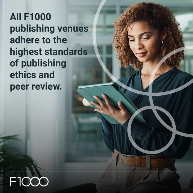 A woman with curly hair looks at a tablet. The text says, \"All F1000 publishing venues adhere to the highest standards of publishing ethics and peer review.\" The F1000 logo is at the bottom left.