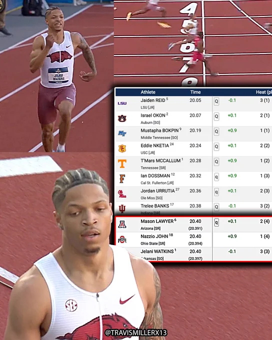 After easing up and getting caught at the line, collegiate 200m leader Jelani Watkins misses the NCAA final by .006 seconds