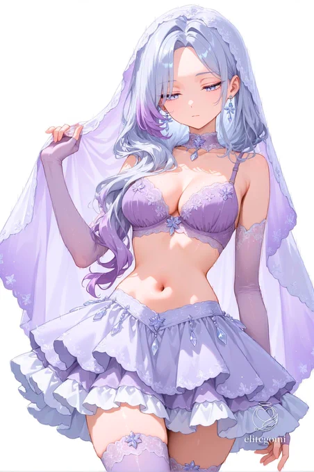 pale lavender sheer veil, silver crystal drop earrings,

medium breasts, narrow waist,cleavage,

(lavender sheer bra with crystal bead decoration:1.1), pale lavender chiffon multi-layered skirt, navel peek,
deep violet velvet choker, lavender sheer lace elbow gloves,
silver lace trim on skirt hem, lavender sheer thighhighs,
