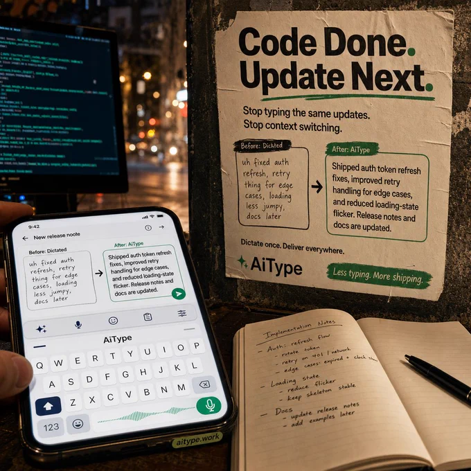 Developer desk with glowing code terminal, phone showing AiType keyboard turning rough voice notes into polished release notes, next to a street poster reading 'Ship The Update.' The scene feels urgent and solution-driven.