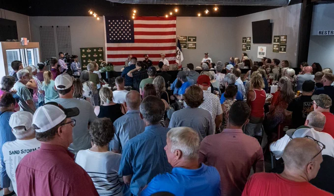 A photo of the large group of Iowans in Manning, Iowa for the LG Launch event for the Rob Sand campaign.