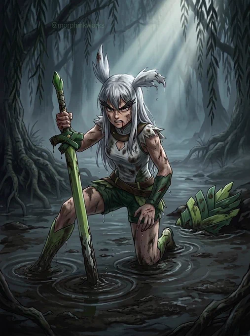 Gritty Sirfetch'd gijinka kneeling in a dark swamp. She is dirty, bloody, and holds a moss-covered leafy greatsword in the mud. White spiky hair, green and white attire, determined but battered expression. Dramatic light beams break through willow-like trees in the foggy distance.