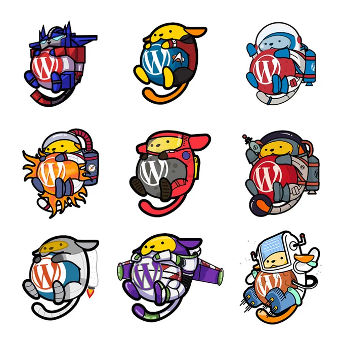 Nine space-themed Wapuu (left to right, top to bottom): Wapuu Prime, Captain Wapuu, Houston, We Have A Wapuu, Copernicus Wapuu, Astropuu, Space Cadet Wapuu, Space Wapuu, Wapuu Lightyear, and WordCamp Santa Clarita's 2026 Trekipuu.