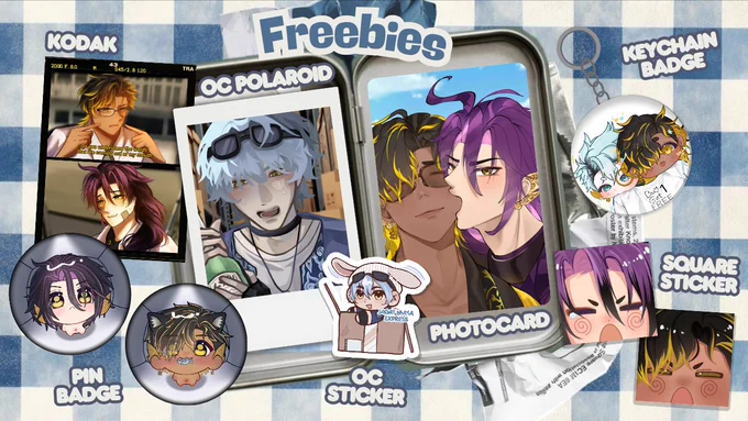 Artists Credits:

Photocard art by @chiarrae_ on Instagram 
Oc polaroid art by @astrexxie on Telegram
Kodak art by @zt.oneaa on Tiktok
Keychain badge art by @xiirie on Telegram
Pin badge art by @cerabii on Telegram 
Square sticker art by @ssaigenshoku on Telegram 
Oc sticker art by @limonilos on Telegram