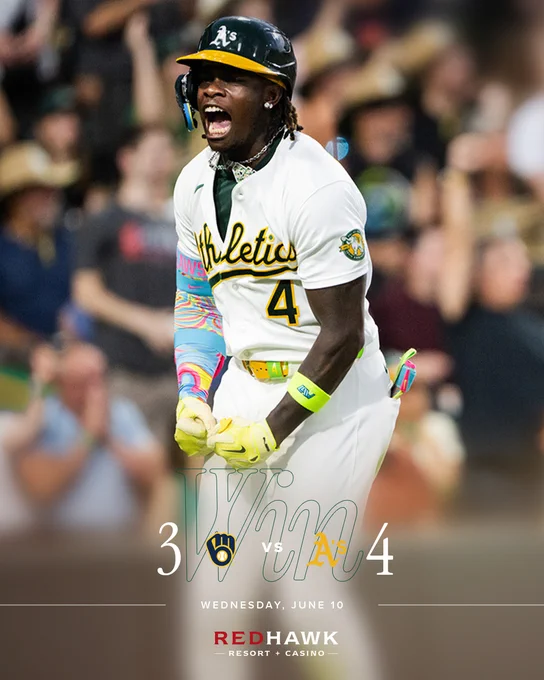 A graphic with the text “Win” and the final score Brewers 3, A’s 4. A picture of Lawrence Butler in the background.