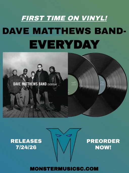 Promotional image for 'Everyday' by Dave Matthews Band, highlighting its first-time vinyl release. Includes pre-order details and a release date.