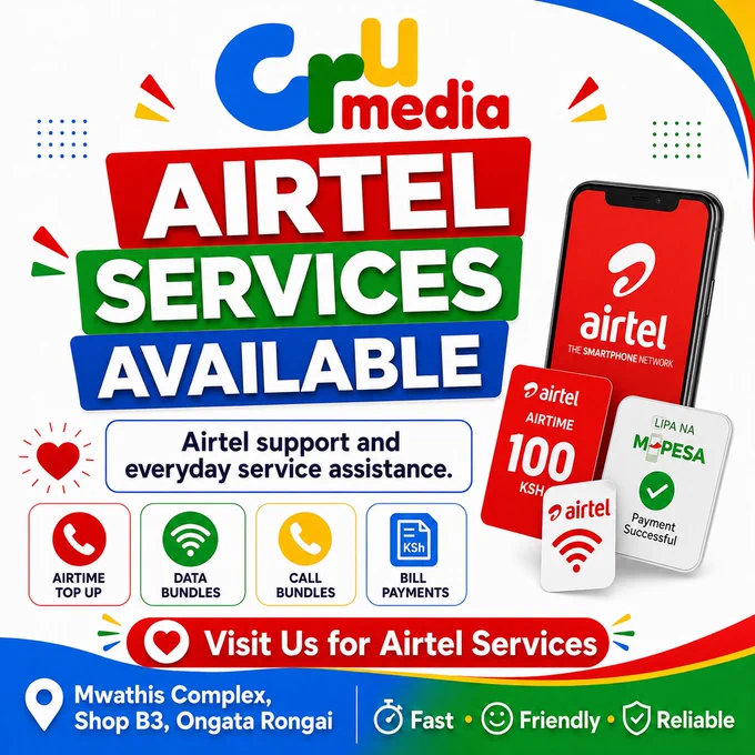 Airtel support and everyday service assistance.
#MusicLovers #crumediasale #cabsrusltd #cabsrusltdke #OngataRongai #accessories #ongatarongaiistheplacetobe #ongatarongai #malisafi #crumedia #ongatarongaimarketplace