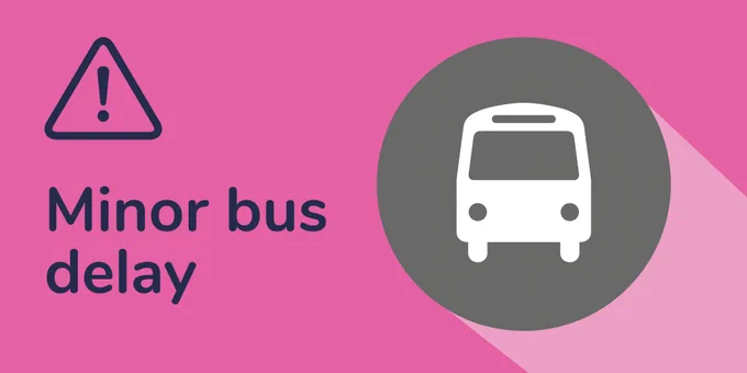 A pink background with 'Minor bus delay' in navy text, with a white bus icon on a grey circle and a navy exclamation mark inside the outline of a navy triangle.