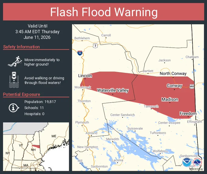 This graphic displays a flash flood warning plotted on a map. The warning is in effect until 3:45 AM EDT. The warning includes North Conway NH, Conway NH and Lincoln NH.  This warning is for East Central Carroll County in northern New Hampshire and East Central Grafton County in northern New Hampshire. Avoid walking or driving through flood waters! Move immediately to higher ground! There are 19,817 people in the warning along with 11 schools and 0 hospitals.