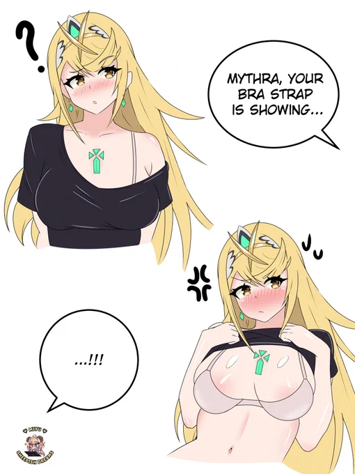 Mythra from Xenoblade Chronicles participating in the viral "your bra strap is showing" art trend