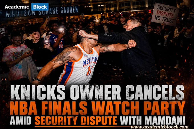 NBA-related controversy where the New York Knicks owner clashes with Mamdani over strict security measures, leading to cancellation of an NBA Finals watch party, highlighting tension and fan disappointment.