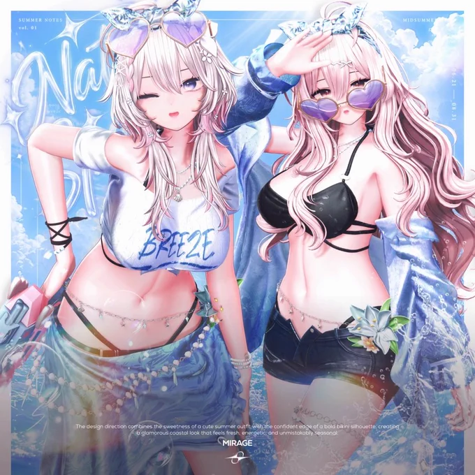 青空と海を背景に、夏らしい水着コーデの女性アバター2人が並んでポーズを取っているビジュアル。左のアバターは白いクロップドトップと水色のスカート、右のアバターは黒いビキニトップとデニムショートパンツを着用し、どちらもハート型サングラスやアクセサリーを身につけている。全体的に淡いブルーとピンクを基調とした爽やかで華やかなサマーテイストのデザイン。