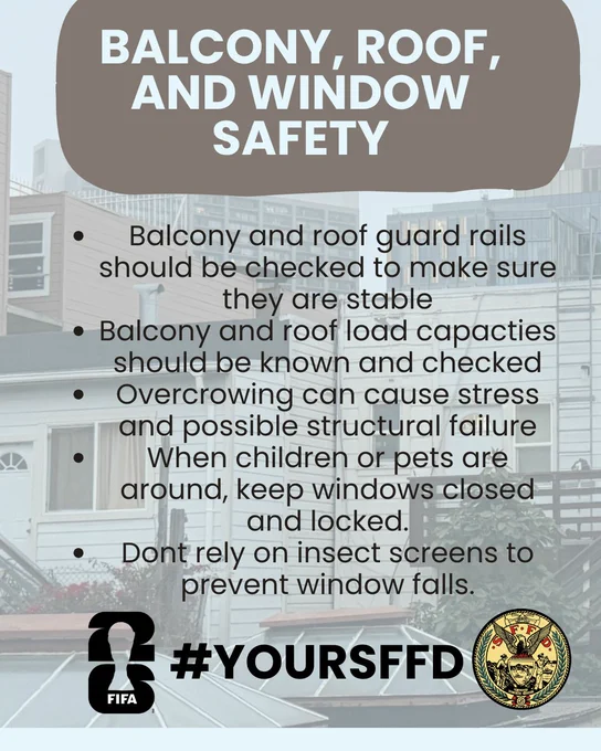 #yoursffd wants you to have a great time at the watch parties and know about balcony, roof, and window safety.
- Balcony and roof guards should be checked
- Balcony and roof load capacities should be known
- Overcrowding can cause stress and structural failure
- keep pets and kids away from the edges, keep windows closed and locked
- Don't rely on insect screens for safety