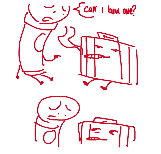 A drawing of Suitcase and Microphone sitting together. Suitcase is smoking a blunt, and Mic asks her: "Can I bum one?". The next panel is Suitcase looking at Mic, who is sad.