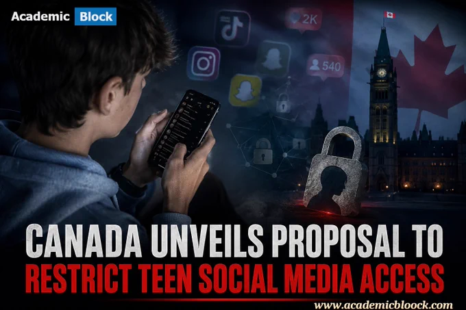 A conceptual news-style graphic illustrating Canada’s proposal to ban teenagers from using social media, highlighting concerns around youth safety, digital regulation, and potential loopholes for tech companies.