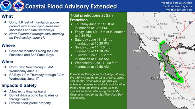 A Coastal Flood Advisory is currently in effect for Bayshore locations in the North Bay, and will go into effect at 7 PM Thursday evening for Bayshore locations in the rest of the San Francisco Bay, through the early morning of Wednesday, June 17th due to minor coastal flooding near the high tide. Up to 1.8 feet of inundation above ground level is expected in low lying areas near shorelines and tidal waterways. Allow extra time for travel, do not drive around barricades or through water, and protect flood-prone property! High tide times and predictions in San Francisco are as follows: 1.2 feet of inundation at 8:51 PM on Thursday the 11th, 1.5 feet of inundation at 9:34 PM on Friday the 12th, 1.8 feet of inundation at 10:20 PM on Saturday the 13th, 1.3 feet of inundation at 11:10 PM on Sunday the 14th, 1.2 feet of inundation at 12:02 AM on Tuesday the 16th, and 1.0 feet of inundation at 12:56 AM on Wednesday the 17th.