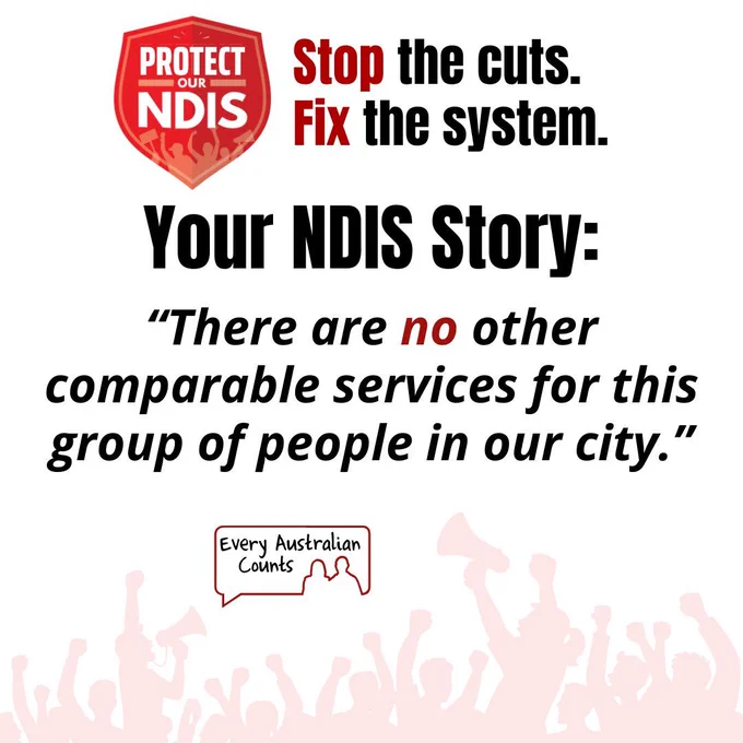 Graphic from Every Australian Counts' Protect Our NDIS campaign. At the top is a red shield logo reading "Protect Our NDIS" beside the text "Stop the cuts. Fix the system." Large black text reads "Your NDIS Story:" followed by the quote: "There are no other comparable services for this group of people in our city." The word "no" is highlighted in red. The Every Australian Counts logo appears near the bottom above a pale red crowd silhouette.