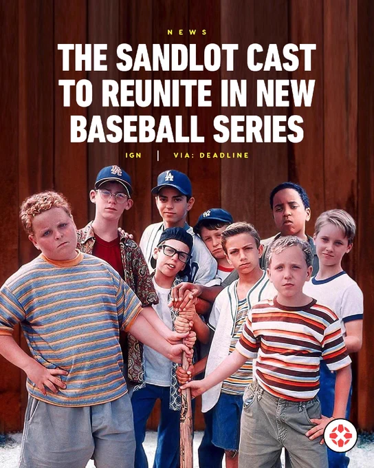 The cast of The Sandlot gathered with their hands on a baseball bat. Caption reads: The Sandlot Cast to Reunite in New Baseball Series