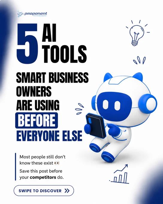 Educational carousel showcasing AI tools that help business owners improve productivity, marketing, customer support, research, and business growth. The design features blue-and-white branding, bold typography, and visual illustrations explaining each AI tool and its business use case.
