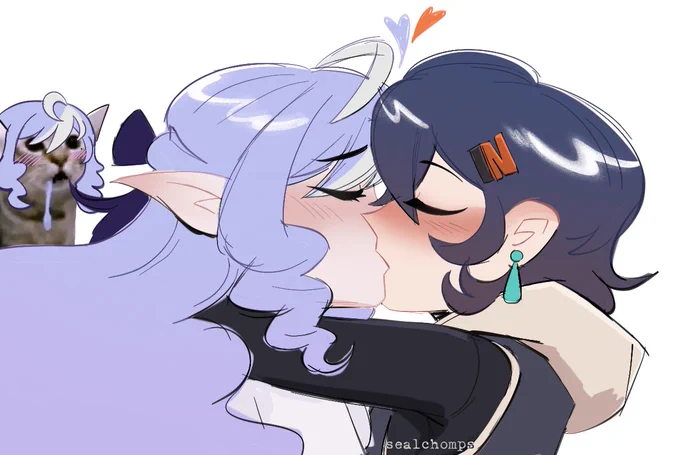 Vivian Banshee and Belle from Zenless Zone Zero having an anime girl kiss moment…. With a drooling cat Vivian..