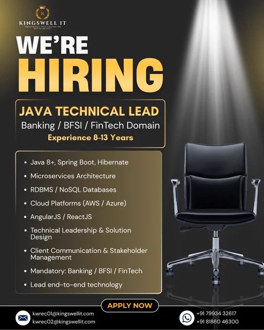 We're Hiring Java Technical Lead – Banking  BFSI  FinTech Domain, Kingswell IT, Kingswell (1)