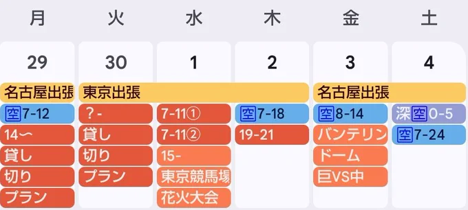 名古屋、東京出張のスケジュールです。
青い時間が空いてる時間です。