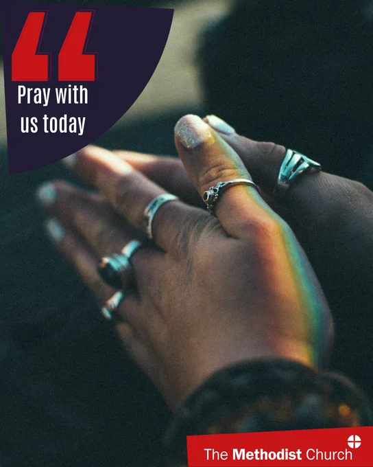 Photo of hands together in prayer. Methodist logo in the lower right corner and text which reads 'pray with us today' in the upper left. 