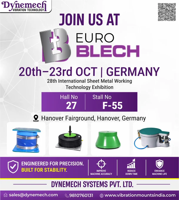 Dynemech EUROBLECH 2026 exhibition invitation banner displaying event dates (20–23 October 2026), Hall 27, Stall F-55, Hanover Fairground Germany, with company branding and contact information.