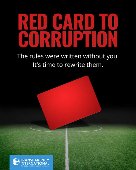 A red card stands upright on the centre circle of a football pitch. Headline: The rules were written without you. It's time to rewrite them. 