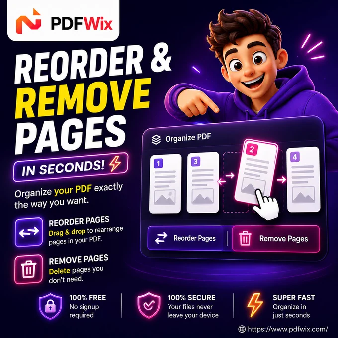 PDFWix Organize PDF tool — drag and drop to reorder PDF pages and delete unwanted pages. Browser-based, file never leaves device.
Free, no signup, no watermark, any device.

#OrganizePDF #RearrangePDF #ReorderPDF #PDFOrganizer #PDFPageOrganizer #ManagePDF #FreePDFTools #DocumentManagement #BusinessProductivity #StudentProductivity #HRTools #WorkFromHome #AIProductivityTools #FreeOnlineTools #PDFManagement