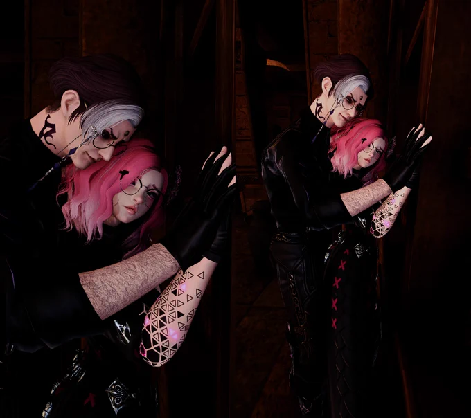 Scion Emet and Ruby (ARR Era, short, pink hair) are alone in the Waking Sands. Emet crowds Ruby against one of the bookshelves, his hand atop hers, gloves fingers lace in her own