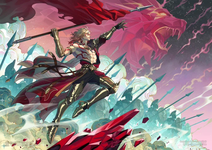 Mydei leap like he's about to throw a spear with a flag on it, there are armies and collosal red lion behind him storming forward ready to fight