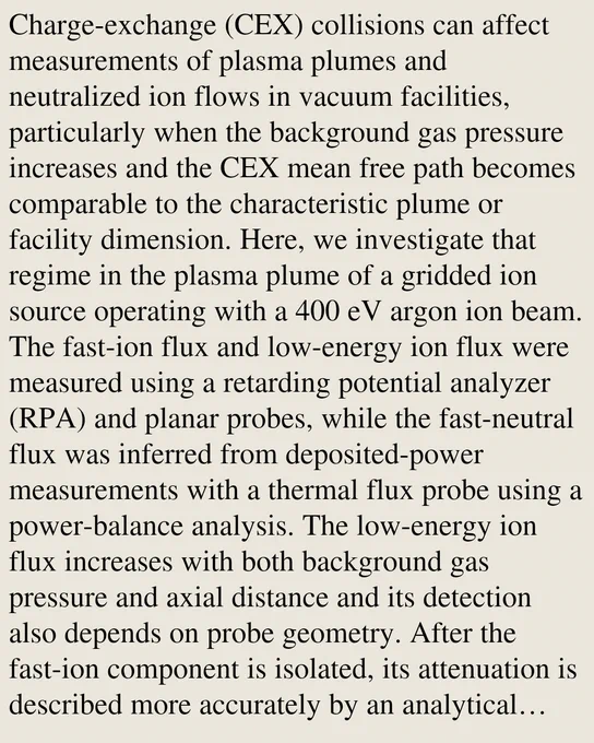 Charge-exchange (CEX) collisions can affect measurements of plasma plumes and neutralized ion flows in vacuum facilities, particularly when the background gas pressure increases and the CEX mean free path becomes comparable to the characteristic plume or facility dimension. Here, we investigate that regime in the plasma plume of a gridded ion source operating with a 400 eV argon ion beam. The fast-ion flux and low-energy ion flux were measured using a retarding potential analyzer (RPA) and planar probes, while the fast-neutral flux was inferred from deposited-power measurements with a thermal flux probe using a power-balance analysis. The low-energy ion flux increases with both background gas pressure and axial distance and its detection also depends on probe geometry. After the fast-ion component is isolated, its attenuation is described more accurately by an analytical reduced semi-empirical quasi-2D model that includes charge exchange and the experimentally observed plume divergence
