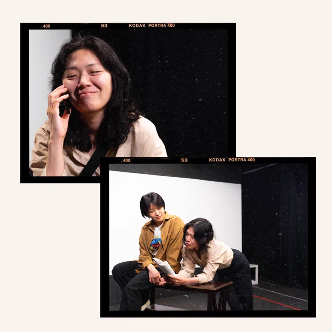 해당 게시물의 사진은 영극 <모린>의 연극의 장면을 촬영한 사진과 영화의 장면을 촬영한 사진으로 구성되어있다. 1번과 3번 이미지는 연극, 2번과 4번 이미지는 영화의 장면을 담고 있다.

해당 이미지에는 두 개의 사진이 담겨있다.
왼쪽 위 사진은 미란 역의 김수아 배우가 전화를 받고 있는 장면이다.
미란은 눈을 지그시 감고 옅은 미소를 띠고 있다.

오른쪽 아래 사진은 미란 역의 김수아 배우와 영은 역의 장인혜 배우가 함께 있는 장면이다.
미란은 허리께까지 오는 테이블에 몸을 기역자로 굽혀 양 팔을 테이블에 붙인 채 책을 읽고 있고,
영은은 그런 미란의 목소리를 듣고 있다.