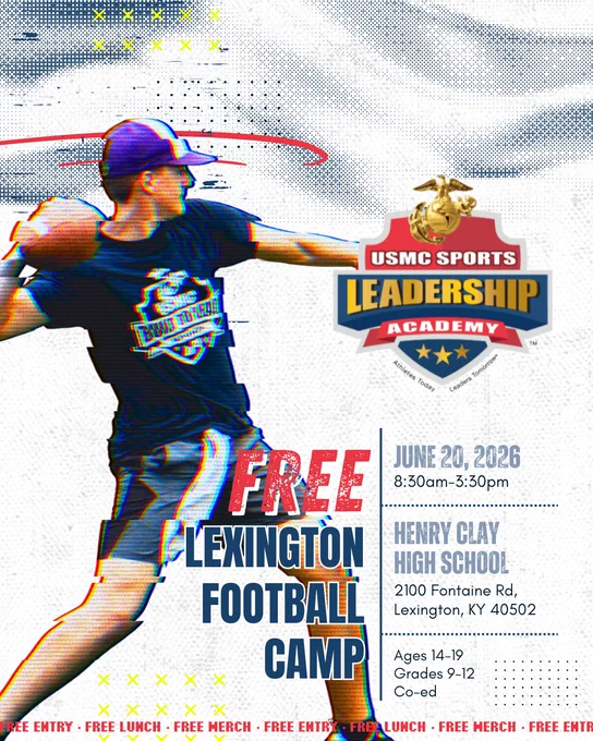 Promotional poster for a free football camp in Lexington featuring a young athlete preparing to throw a football. The event is organized by the USMC Sports Leadership Academy.