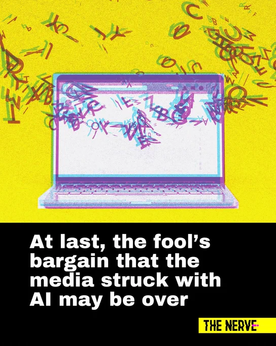 At last, the fool’s bargain that the media struck with AI may be over. Illustration of a laptop with glitchy letters flying around it, on a yellow backgroun
