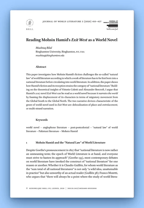 A journal article discusses Mohsin Hamid's novel "Exit West" as a world novel, examining its themes of migration and literary classification.