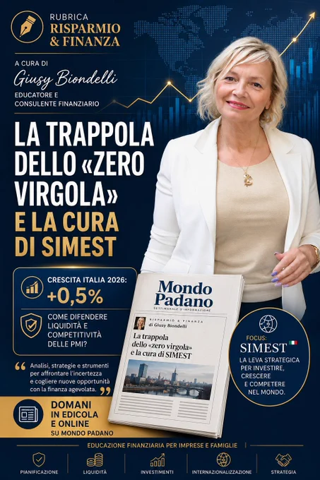 Sul numero di Mondo Padano in edicola domani, venerdì 12 giugno, nella rubrica Risparmio & Finanza curata dagli educatori finanziari Giusy Biondelli e Maurizio Poli, viene proposta un'analisi approfondita dedicata al nuovo Fondo SIMEST da 800 milioni di euro.

L'articolo esamina le misure straordinarie messe a disposizione delle PMI (finanziamenti agevolati e contributi a fondo perduto fino al 30%) per affrontare l'impatto dei costi energetici e rafforzare la competitività sui mercati internazionali. Comprendere l'esistenza e il funzionamento di questi strumenti è un tassello fondamentale per una gestione d'impresa consapevole e orientata al lungo termine.

📖 L'analisi completa vi aspetta domani in edicola nel formato cartaceo o in edizione digitale sul sito di Mondo Padano. Buona lettura!

#MondoPadano #FondoSIMEST #PMI #YourSolution #EducazioneFinanziaria #CulturaImpresa #Cremona #Brescia #ANCP #EFPA