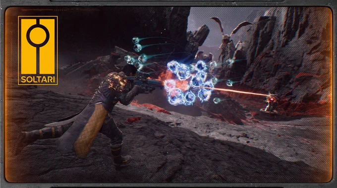 Photo of SAROS Gameplay of Arjun shooting a turret with projectiles surround. The photo is using Photo Mode Filters (Icon, Frame   More)