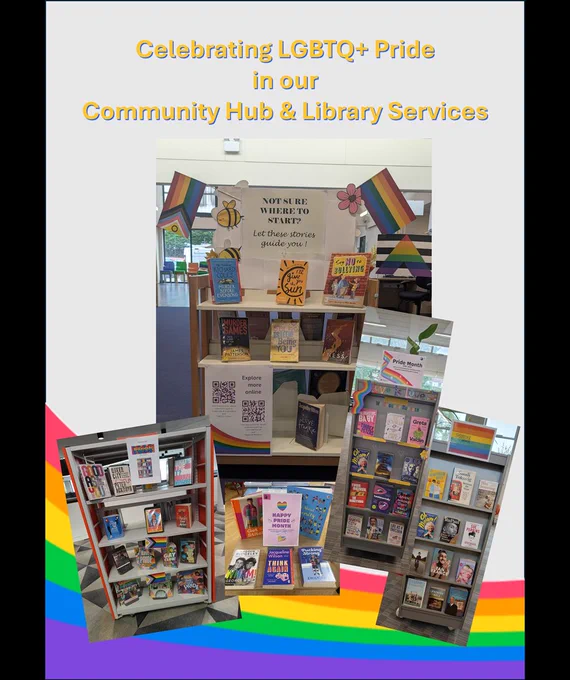 A second image with a collage of photographs showing LGBT  Pride book displays in some Community Hub & Library Branches.
There is a rainbow coloured sweeping wave at the bottom, and the headline is "Celebrating LGBTQ  Pride in our Community Hub & Library Services" The text is in gold with a blue shadow.