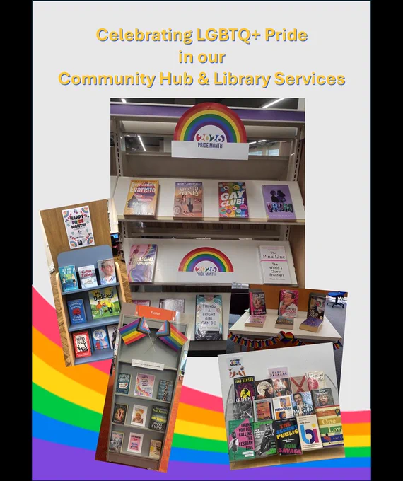 An image with a collage of photographs showing LGBT  Pride book displays in some Community Hub & Library Branches.
There is a rainbow coloured sweeping wave at the bottom, and the headline is "Celebrating LGBTQ  Pride in our Community Hub & Library Services" The text is in gold with a blue shadow.