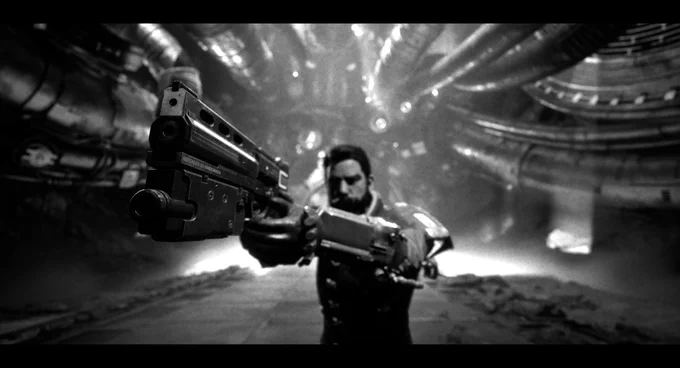Black & White Photo of SAROS gameplay of Arjun putting an hand cannon upwards. The photo is using Photo Mode Filters (Black & White, Depth   More)